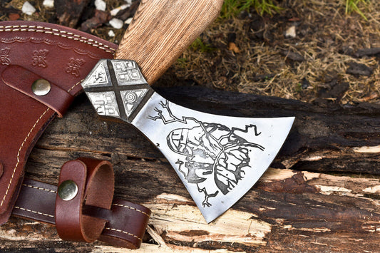 Handmade High Carbon Steel Etched Viking Axe – Hatchet with Leather Sheath