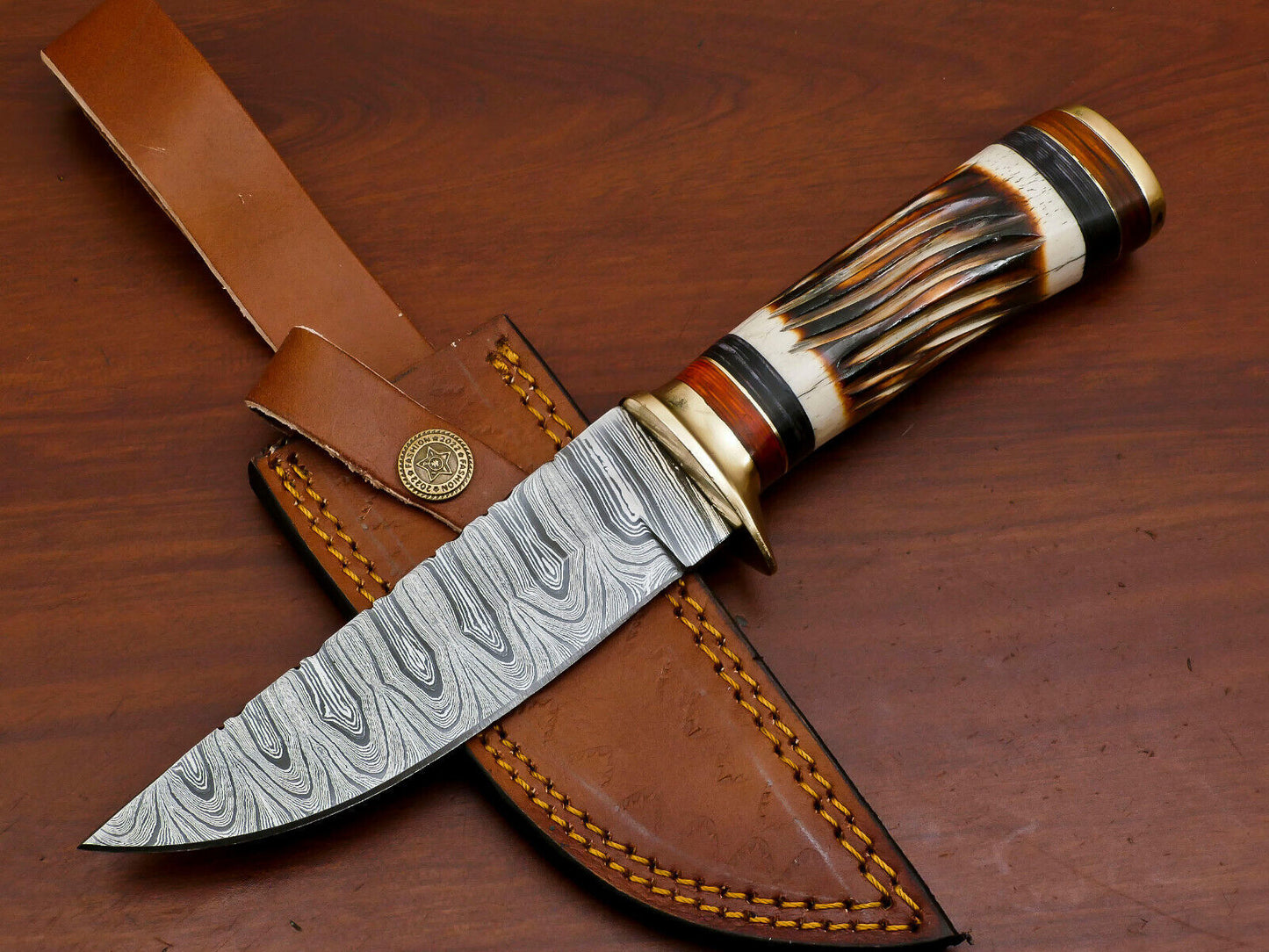 9.5" Damascus Steel Bowie Knife with Burn Camel Bone & Pakka Wood Handle – Custom Handmade Hunting Blade