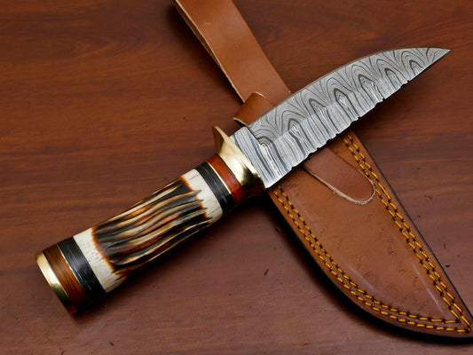 9.5" Damascus Steel Bowie Knife with Burn Camel Bone & Pakka Wood Handle – Custom Handmade Hunting Blade