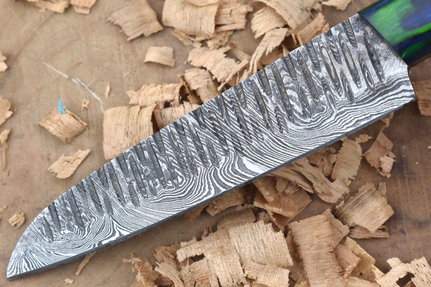 Custom Handmade Forged Damascus Steel Kitchen Chef Knife with Blue & Green Dollar Thappa Handle