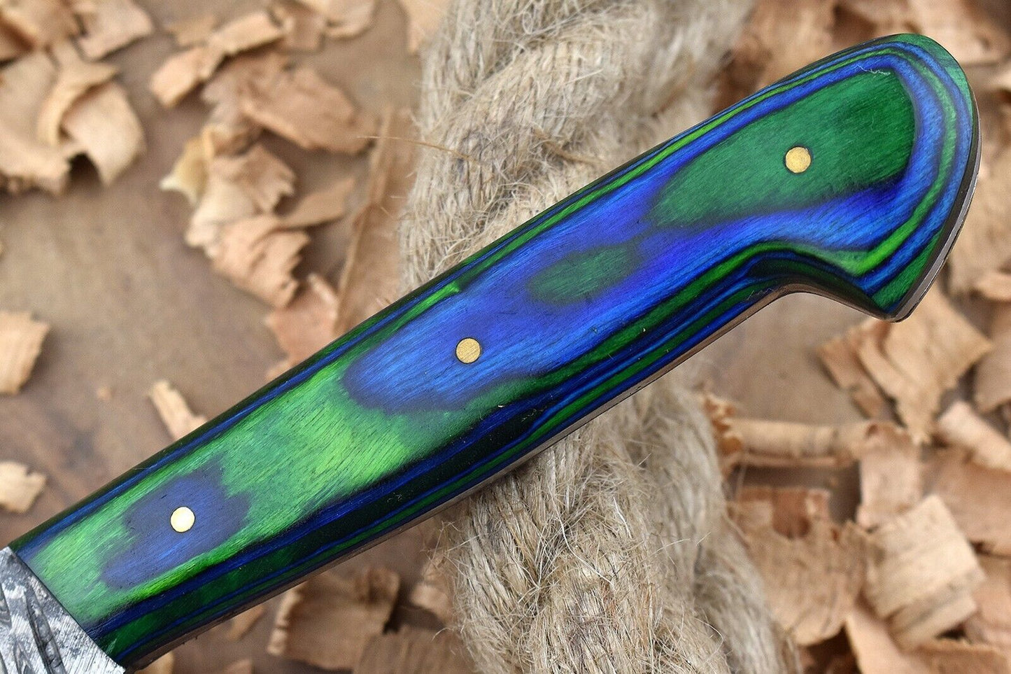 Custom Handmade Forged Damascus Steel Kitchen Chef Knife with Blue & Green Dollar Thappa Handle