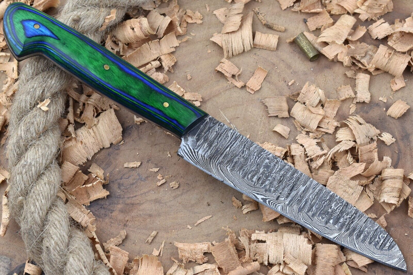 Custom Handmade Forged Damascus Steel Kitchen Chef Knife with Blue & Green Dollar Thappa Handle
