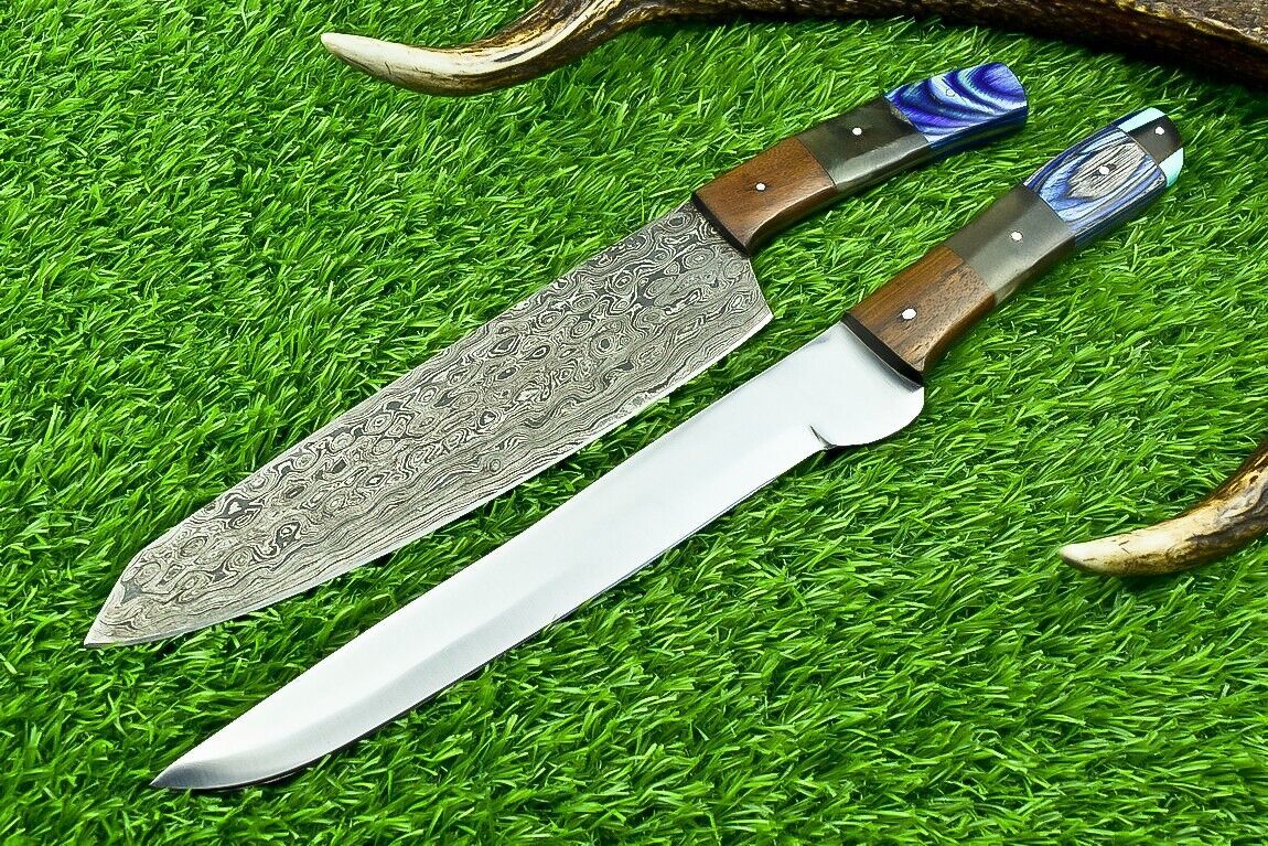Lot of 2 Handmade Damascus & D2 Steel Chef Knives | Forged Kitchen Knife Set