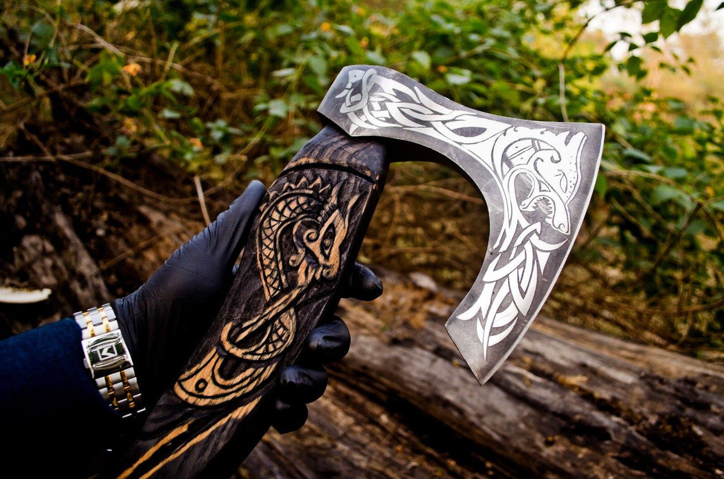 Custom Handmade Carbon Steel Viking Axe Tomahawk Throwing Hatchet with Engraved Ash Wood Handle and Sheath