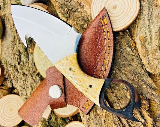 7" Custom Handmade Gut Hook Skinner – High Polish Stainless Steel Blade, Camel Bone Handle, Leather Sheath