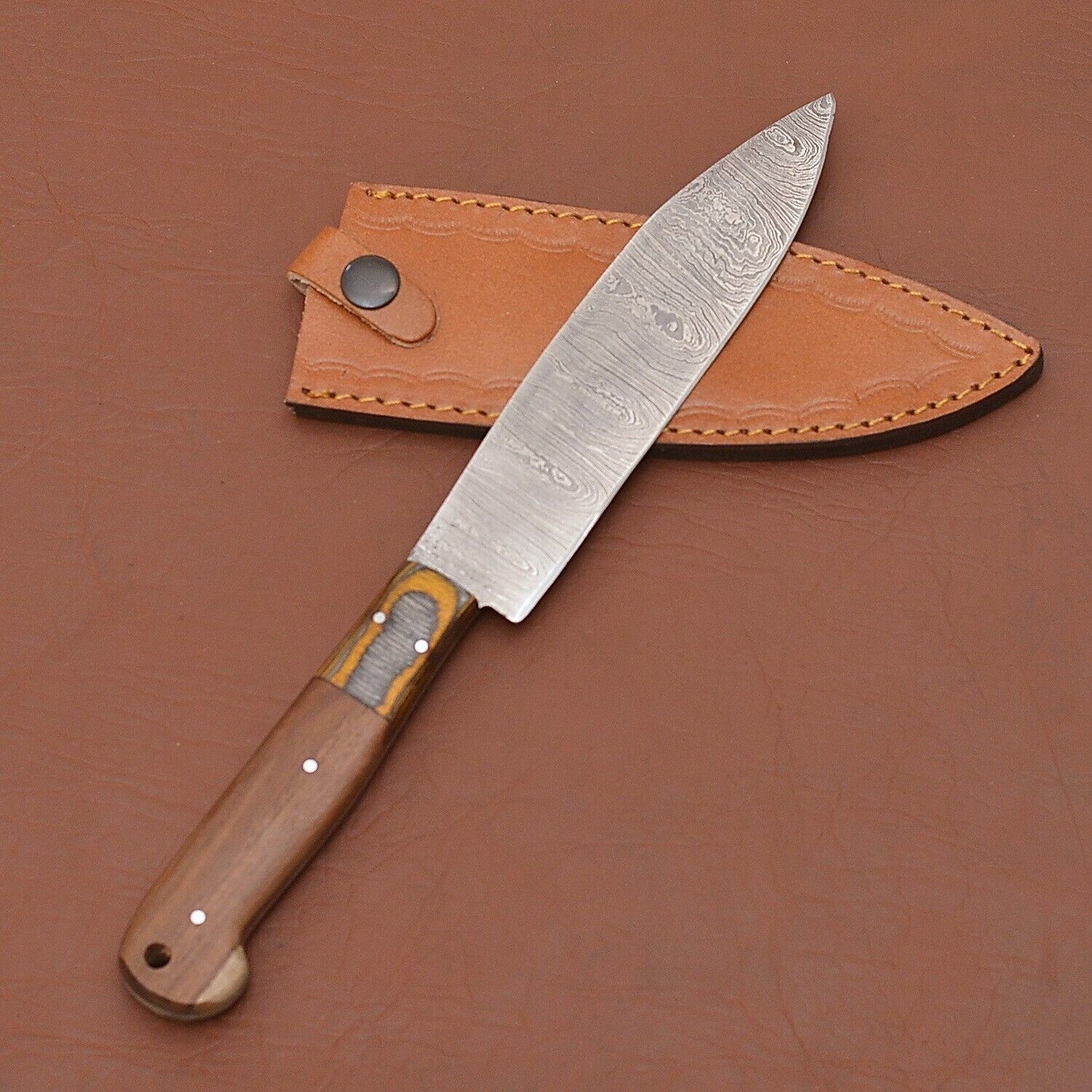Custom Handmade Damascus Steel Chef Knife 12" | Wood Handle with Leather Sheath