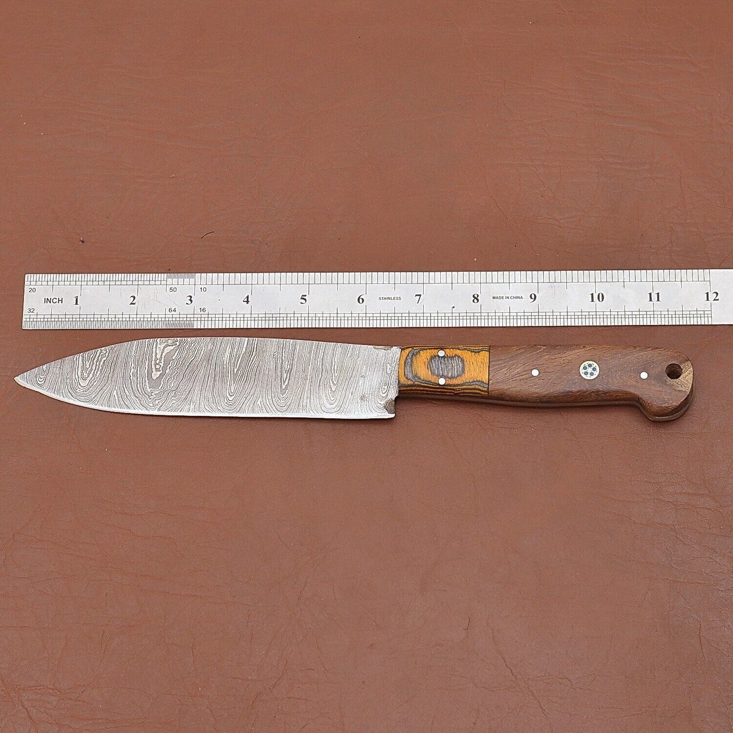 Custom Handmade Damascus Steel Chef Knife 12" | Wood Handle with Leather Sheath
