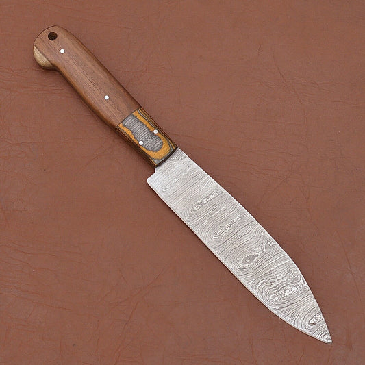 Custom Handmade Damascus Steel Chef Knife 12" | Wood Handle with Leather Sheath