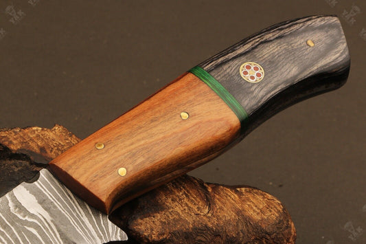 9" Hand Forged Twist Damascus Steel Drop Point Bowie Knife | Camel Bone & Wood Handle