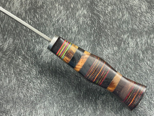 12" Damascus Steel Bowie Knife – Multicolor Hardwood Handle with Sheath