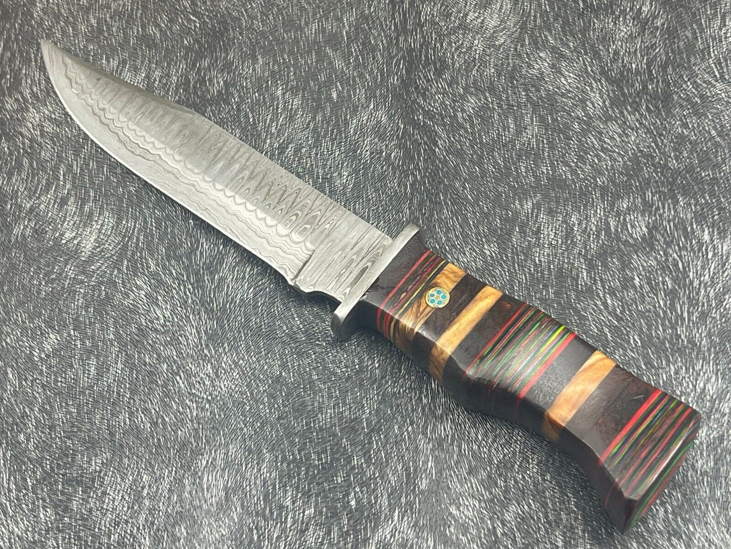 12" Damascus Steel Bowie Knife – Multicolor Hardwood Handle with Sheath