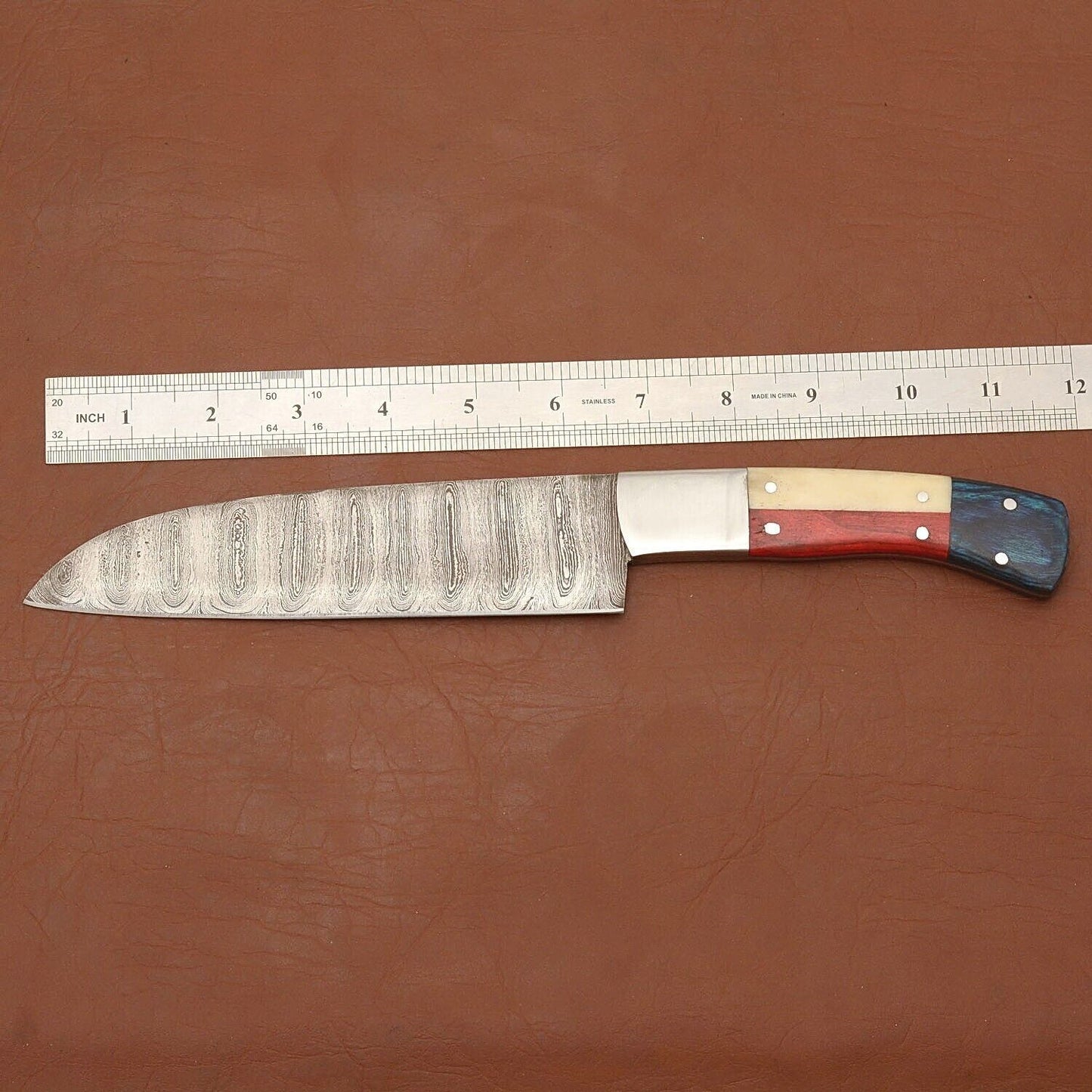 Handmade Full Tang Damascus Steel Chef Kitchen Knife with Wood Handle & Leather Sheath