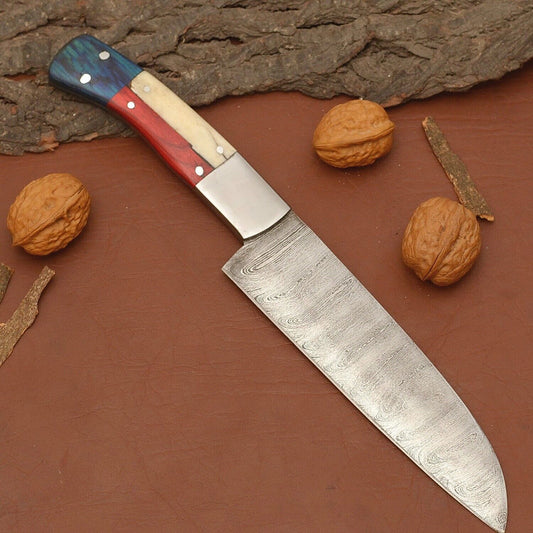 Handmade Full Tang Damascus Steel Chef Kitchen Knife with Wood Handle & Leather Sheath