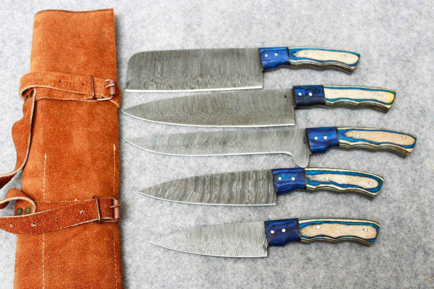 Custom Handmade Fixed Blade Damascus Steel Hunting Kitchen Chef Knife Set