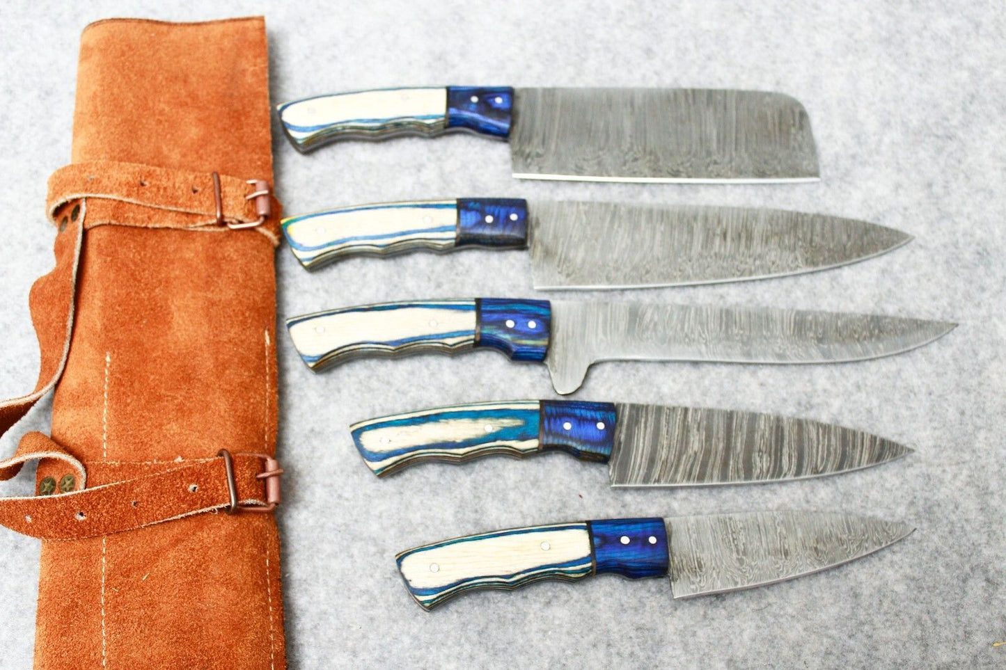 Custom Handmade Fixed Blade Damascus Steel Hunting Kitchen Chef Knife Set