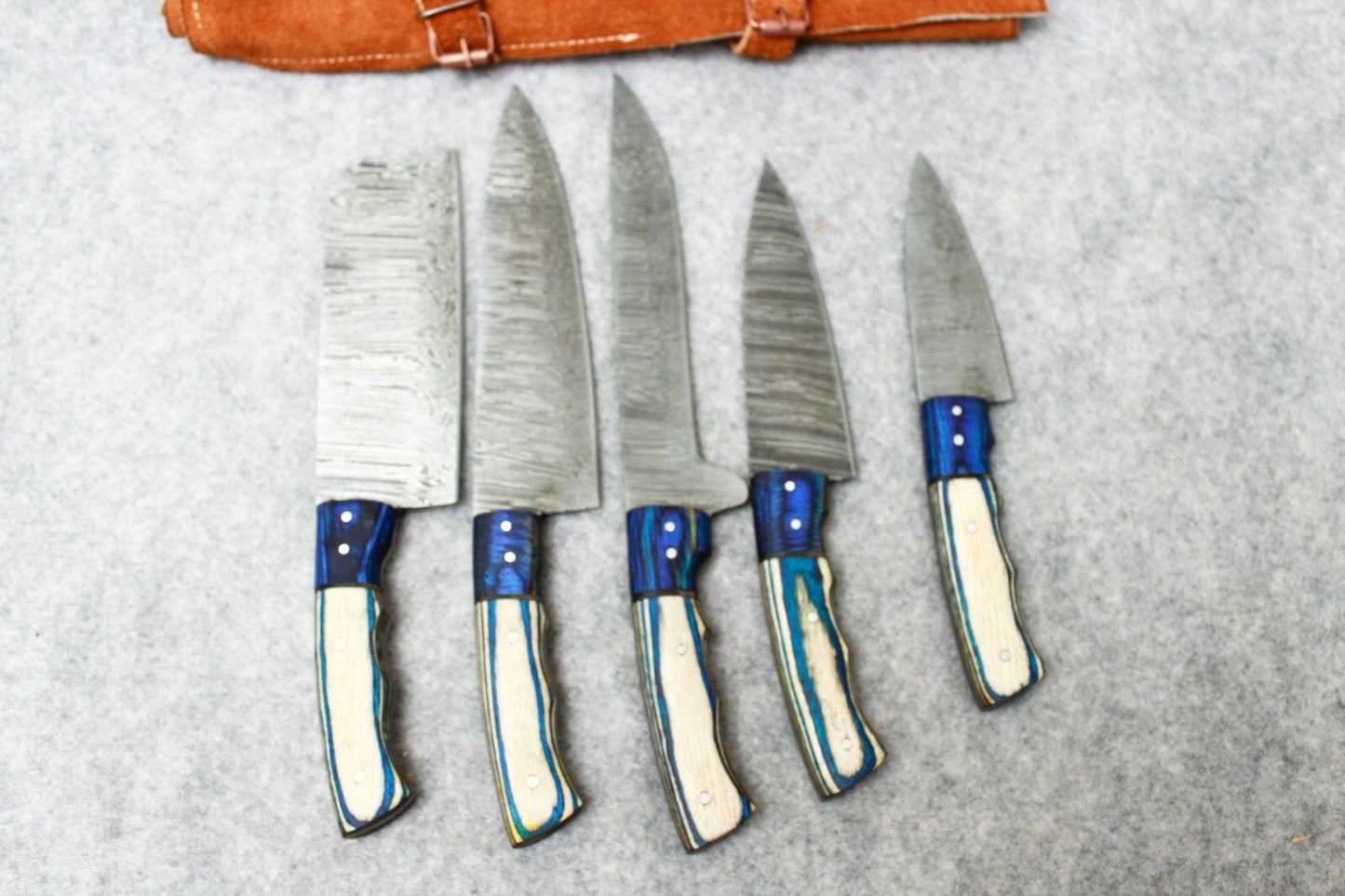 Custom Handmade Fixed Blade Damascus Steel Hunting Kitchen Chef Knife Set
