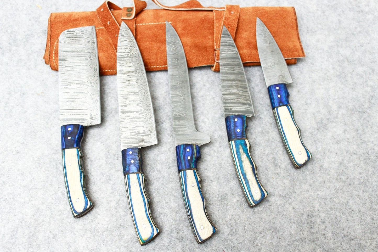 Custom Handmade Fixed Blade Damascus Steel Hunting Kitchen Chef Knife Set