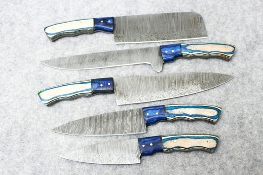 Custom Handmade Fixed Blade Damascus Steel Hunting Kitchen Chef Knife Set