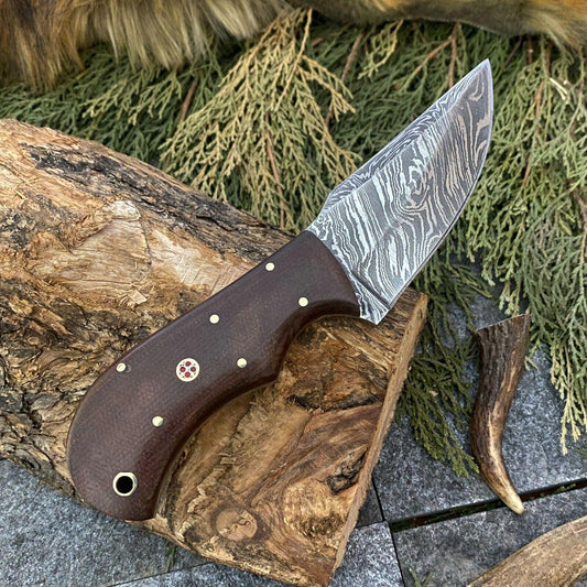 Hand Forged Damascus Steel EDC Bowie Hunting Knife | Micarta Handle & Leather Sheath