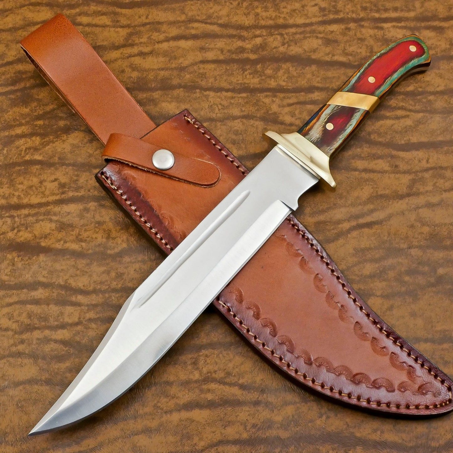 Handcrafted 12-Inch D2 Steel Full Tang Bowie Hunting Knife with Pakka Wood Handle