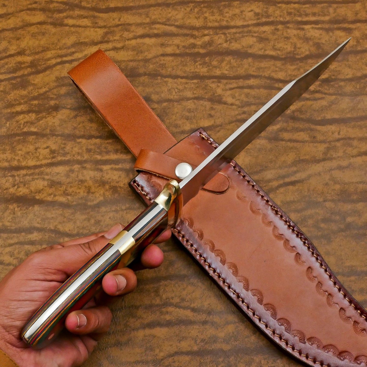 Handcrafted 12-Inch D2 Steel Full Tang Bowie Hunting Knife with Pakka Wood Handle