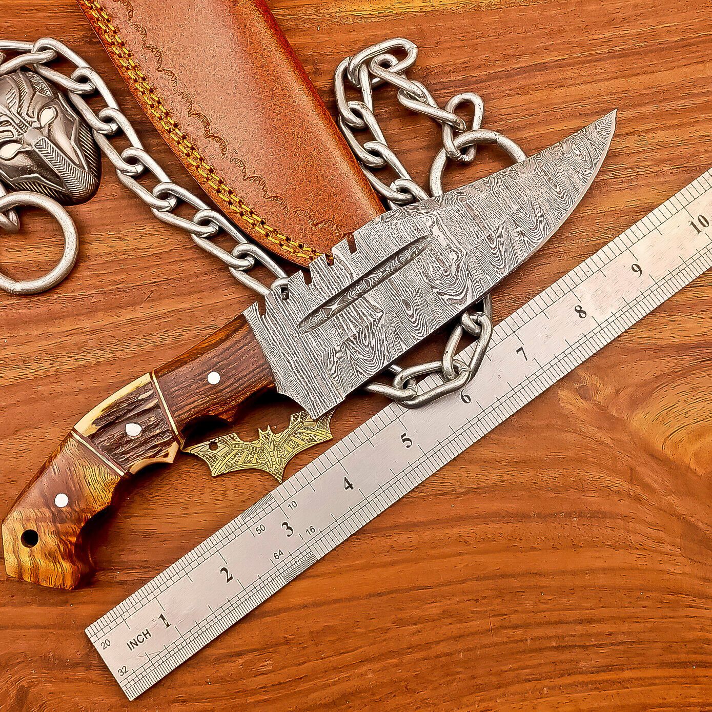 10 Inch Handmade Damascus Steel Bowie Knife with Wood Handle and Brass Pins