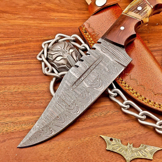 10 Inch Handmade Damascus Steel Bowie Knife with Wood Handle and Brass Pins