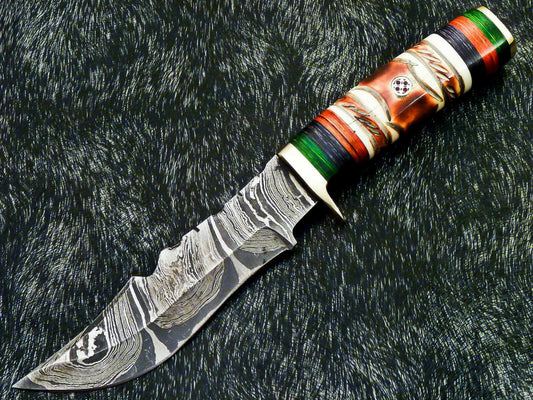 Authentic Hand Forged Damascus 10" Bowie Hunting Knife – Camel Bone Handle