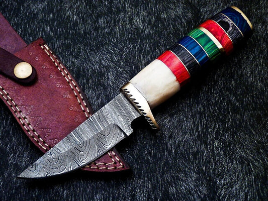 9" Custom Handmade Damascus Bowie Hunting Knife – Hard Wood & Camel Bone Handle