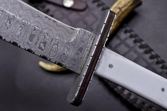 15" Damascus Steel Bowie Knife with Camel Bone & Buffalo Horn Handle – Full Tang Hunting Blade