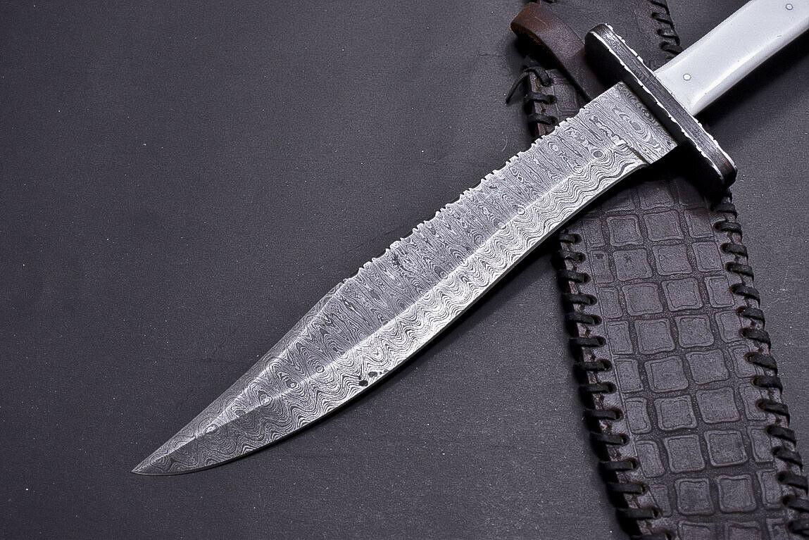 15" Damascus Steel Bowie Knife with Camel Bone & Buffalo Horn Handle – Full Tang Hunting Blade