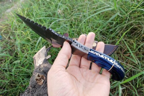 10" Handmade Damascus Steel Tracker Knife – Tactical Survival Hunting Fixed Blade with Leather Sheath