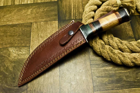 Hand Forged Damascus Steel Bowie Knife | 11.8" Olive Wood Hunting Knife with Leather Sheath