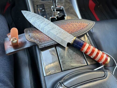Custom Hand Forged 12" Damascus Steel Full Tang Kitchen Chef Knife with Leather Sheath