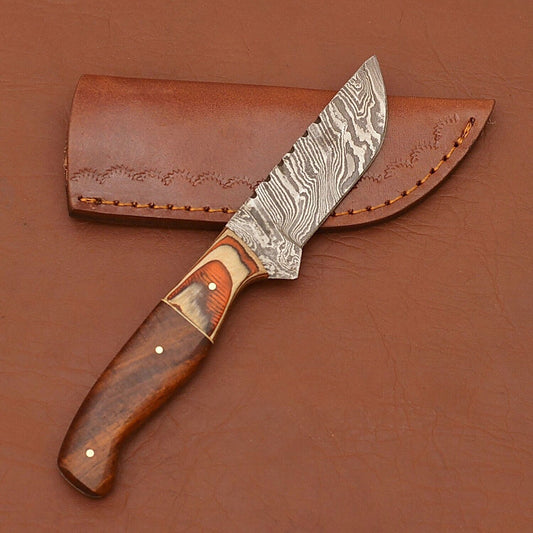 Custom Damascus Skinner Knife Wood Handle for Hunting Camping Survival Use