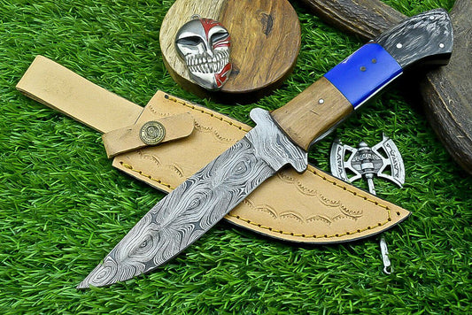 10" Damascus Steel Bowie Knife with Resin Wood Handle & Leather Sheath