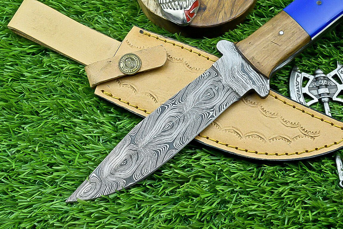 10" Damascus Steel Bowie Knife with Resin Wood Handle & Leather Sheath