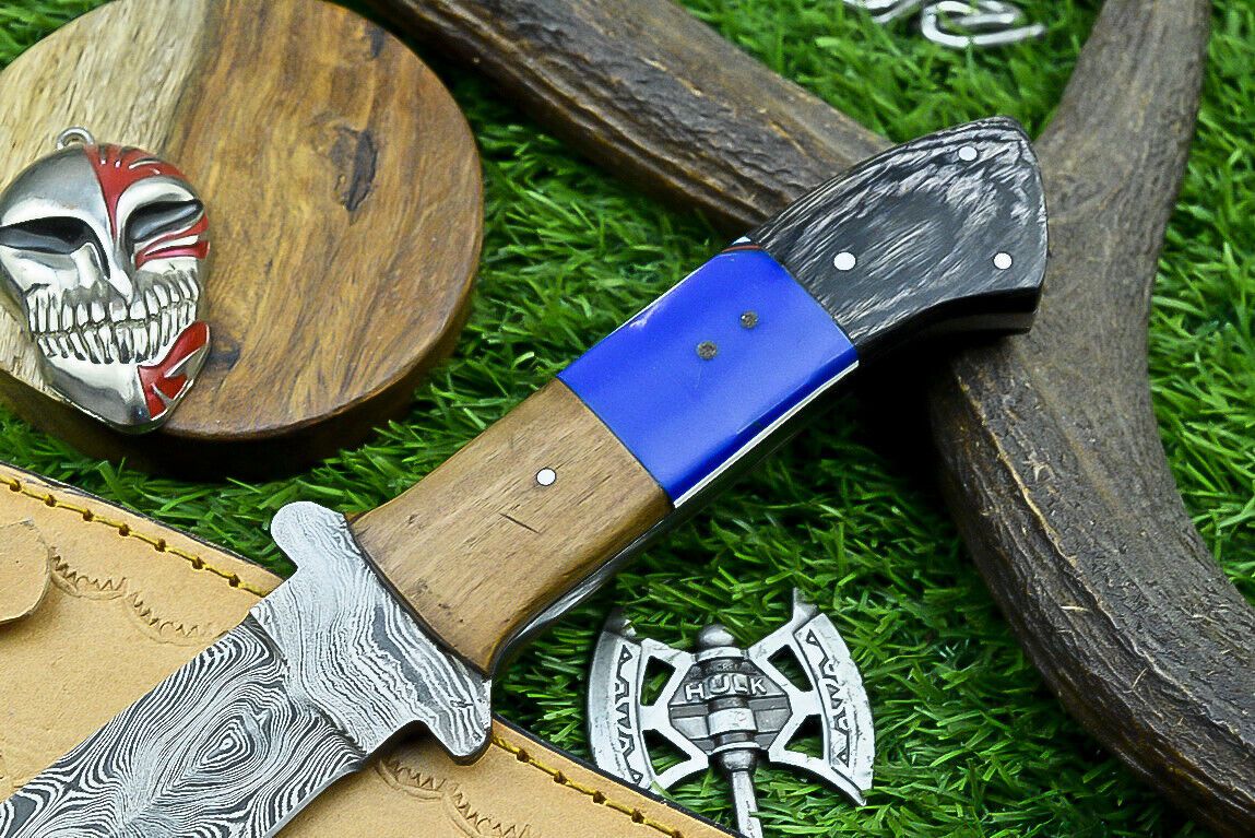10" Damascus Steel Bowie Knife with Resin Wood Handle & Leather Sheath