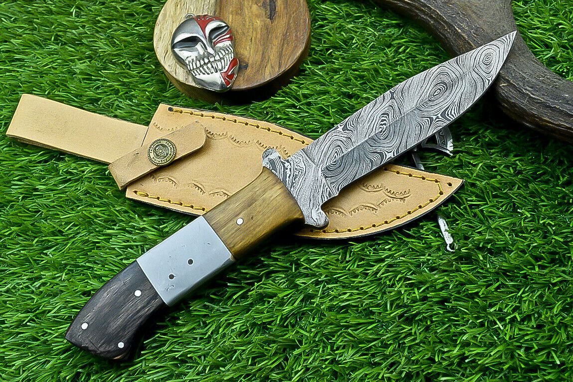 10" Damascus Steel Bowie Knife with Resin Wood Handle & Leather Sheath