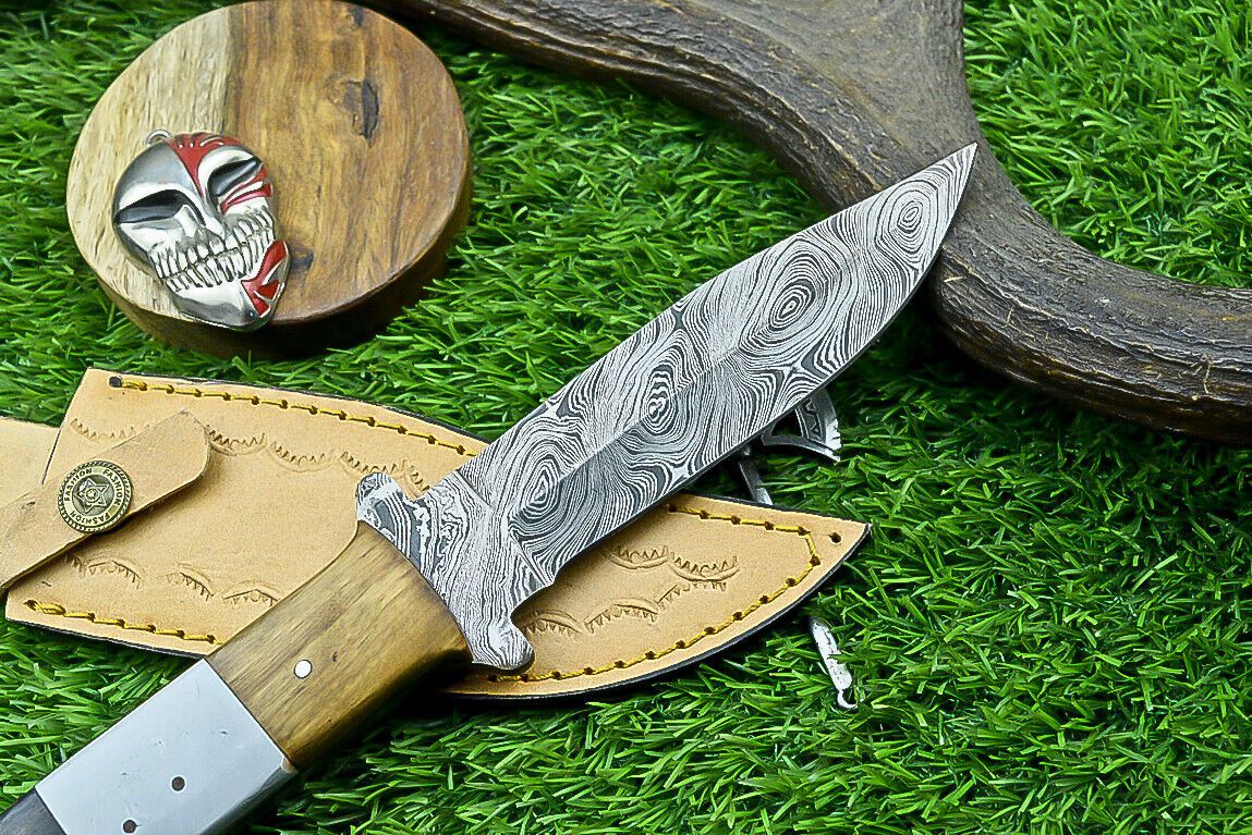 10" Damascus Steel Bowie Knife with Resin Wood Handle & Leather Sheath