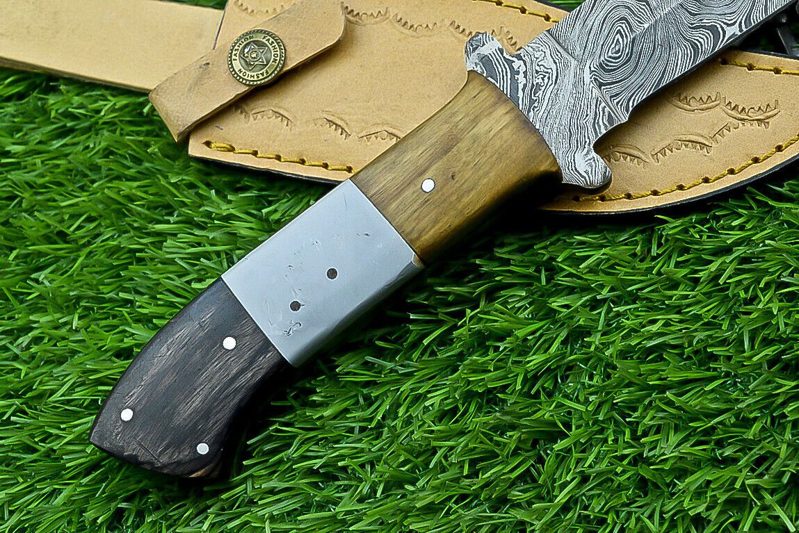 10" Damascus Steel Bowie Knife with Resin Wood Handle & Leather Sheath