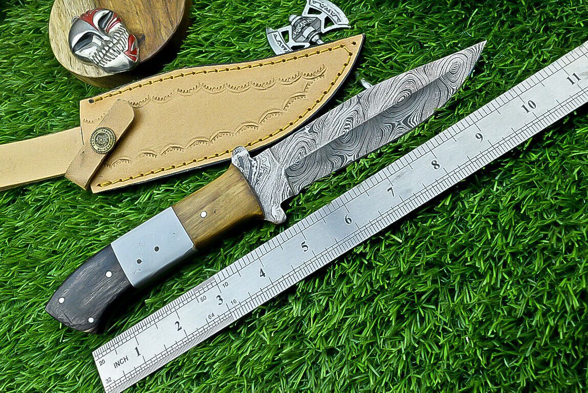 10" Damascus Steel Bowie Knife with Resin Wood Handle & Leather Sheath