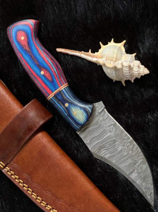 8 Inch Twist Damascus Bowie Knife with Camel Bone and Wood Handle