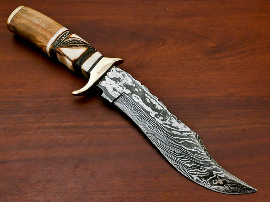 12" Handmade Damascus Bowie Hunting Knife | Engraved Bone & Wood Handle