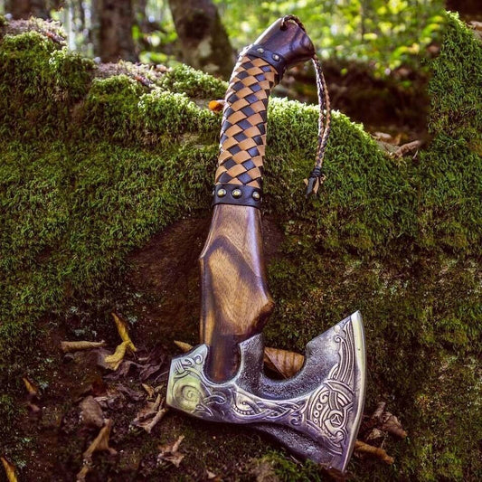 Hand Forged Damascus Steel Odin’s Viking Axe Bearded Camping Hatchet Battle Ready with Leather Sheath
