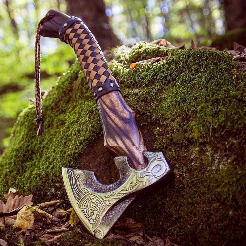 Hand Forged Damascus Steel Odin’s Viking Axe Bearded Camping Hatchet Battle Ready with Leather Sheath