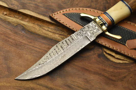 12 Inch Handmade Damascus Steel Bowie Knife Camel Bone Handle Brass Guard