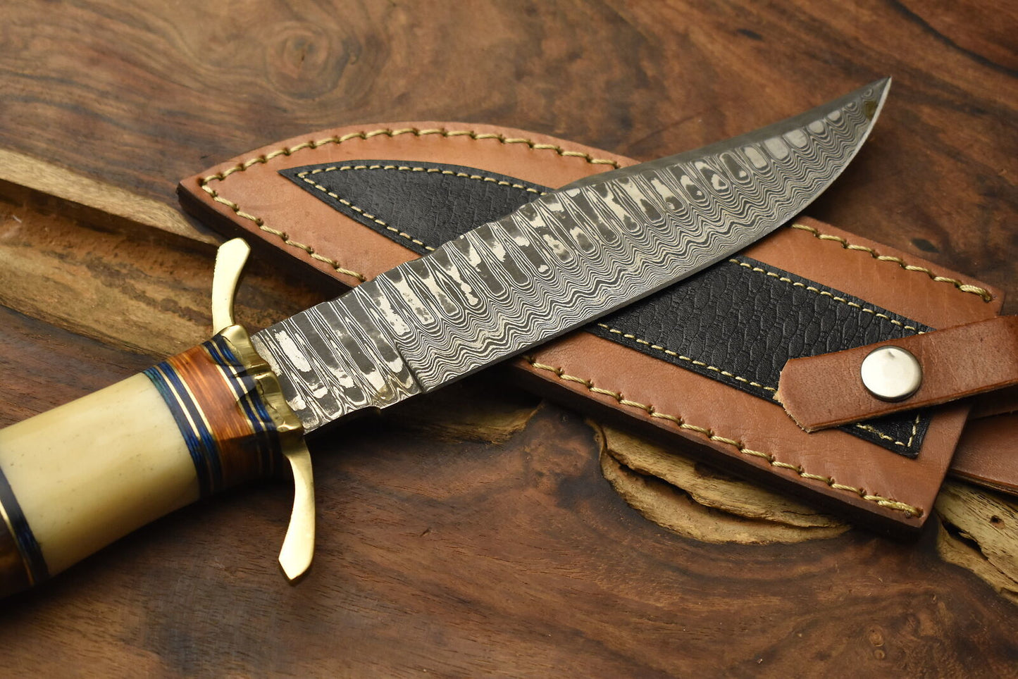 12 Inch Handmade Damascus Steel Bowie Knife Camel Bone Handle Brass Guard
