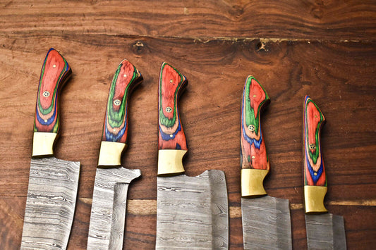 Exclusive Set of 5 Handmade Hammered Damascus Steel Chef Knives – Premium Layered Blades