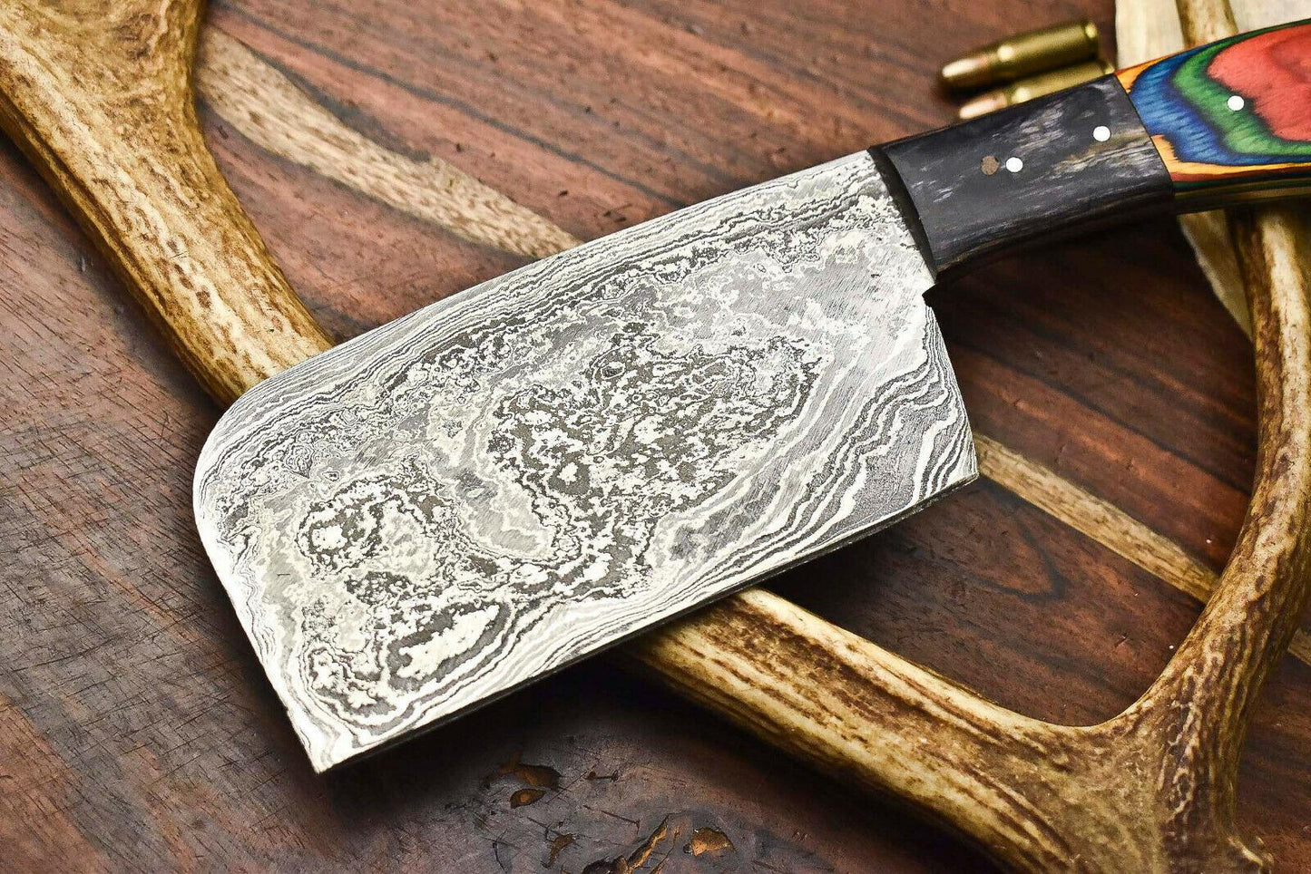 Custom Hand Made Damascus Blade Chef Chopper Knife | Full Tang Hard Wood